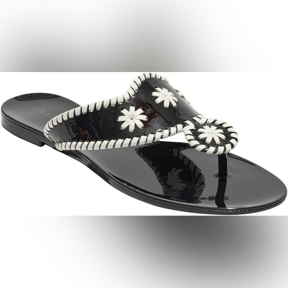 Jack Rogers Black Faux Patent Leather PVC Whipstitch Jacks Jelly Sandals Size 9 - Picture 1 of 11